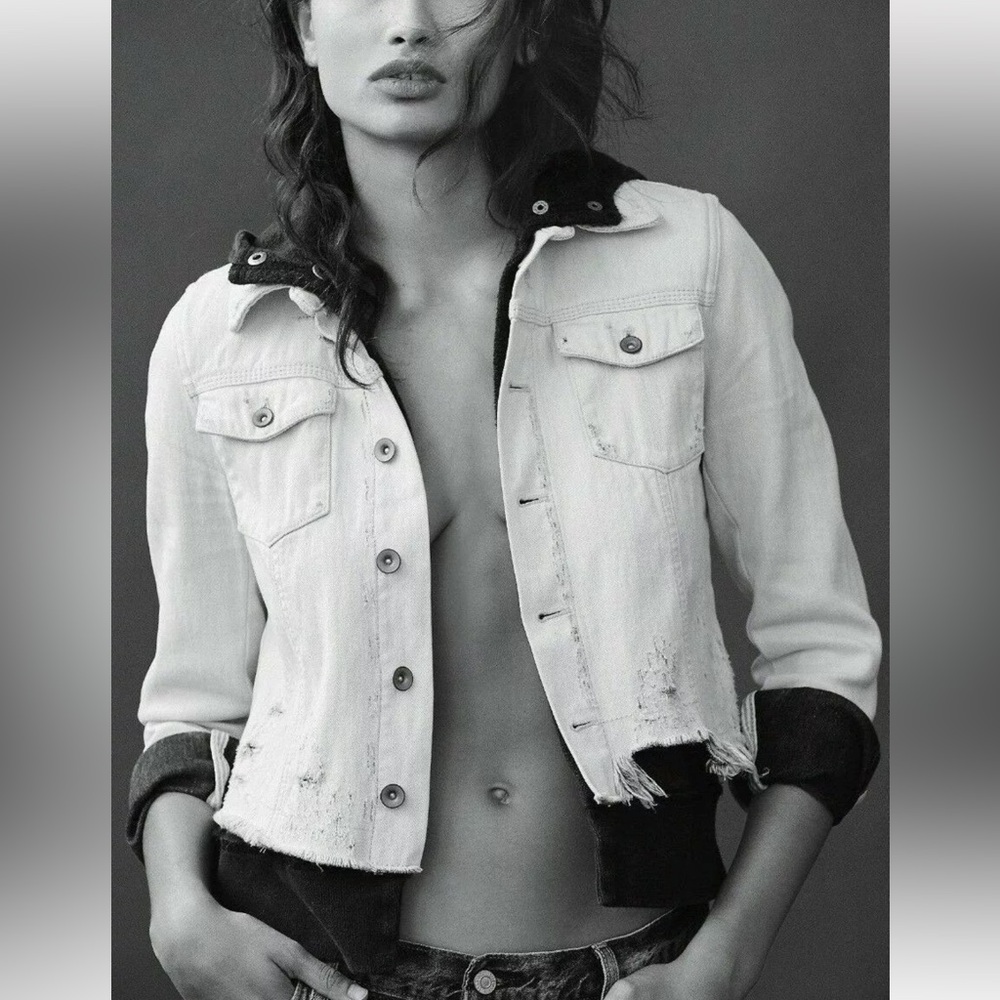 Free People Double Weave Denim Jean Jacket Hoodie Distressed Layered Size Medium